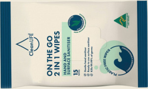 Cleanlife On the go 2 in 1 Hand and Surface Sanitiser Wipes 15 pack