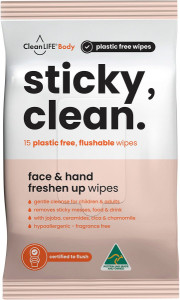 Cleanlife Sticky Clean Flushable Plastic Free Wipes 15pk