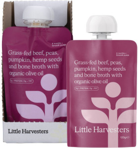 Little Harvesters Grass-fed Beef, Peas, Pumpkin,Hemp Seeds & Bone Broth 6x120g