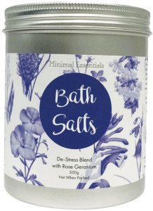MINIMAL ESSENTIALS Bath Salts De-Stress Blend with Rose Geranium 500g